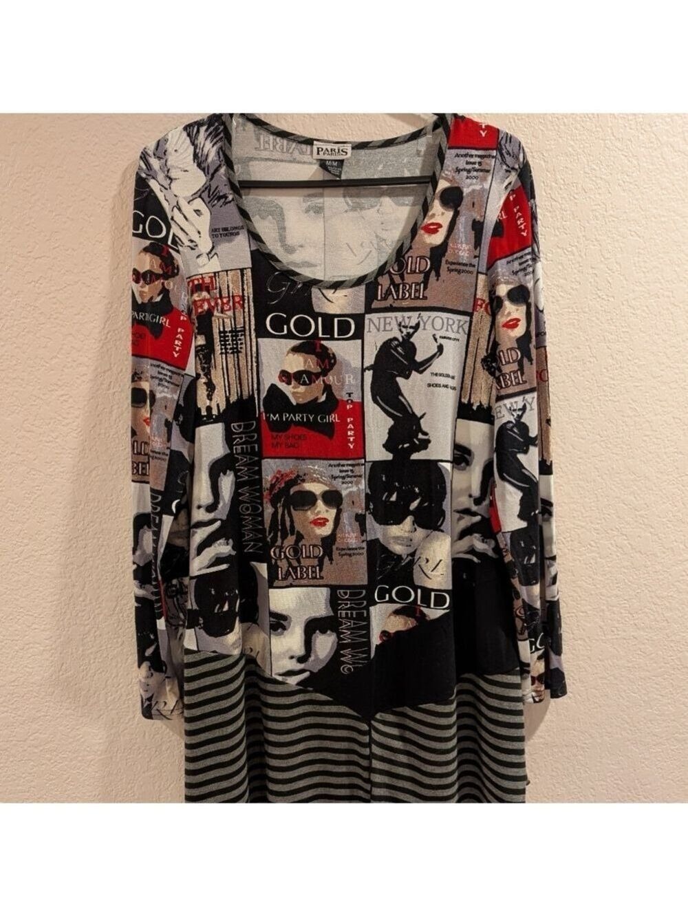 Paris Colorful Graphic Long Sleeves Tunic,Size Medium , Made In Canada ,EUC